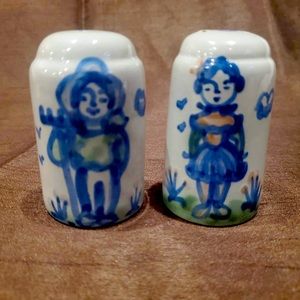 Vintage MA Hadley Pottery Farmer and Farmers Wife Salt and Pepper Shaker Set